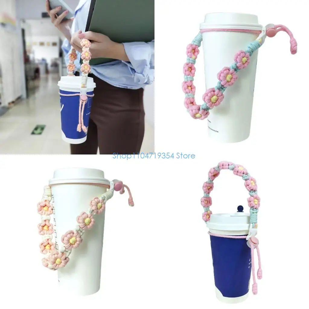 0XLD Coffee Takeaway Strap Handmade Wovens Flower Keychains Water Bottles Holder Rope Portabled Wristband Keyring Birthday Gift