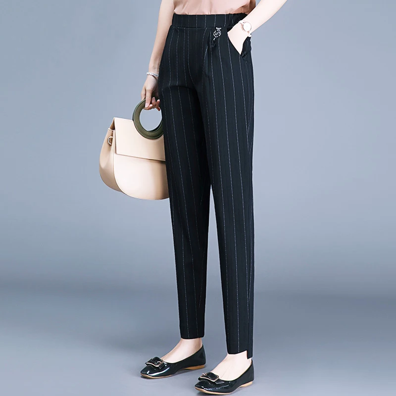 

Striped pants high waisted Harun pants 2024 spring autumn women's loose fit slim fit fat MM casual black pants M-5XL