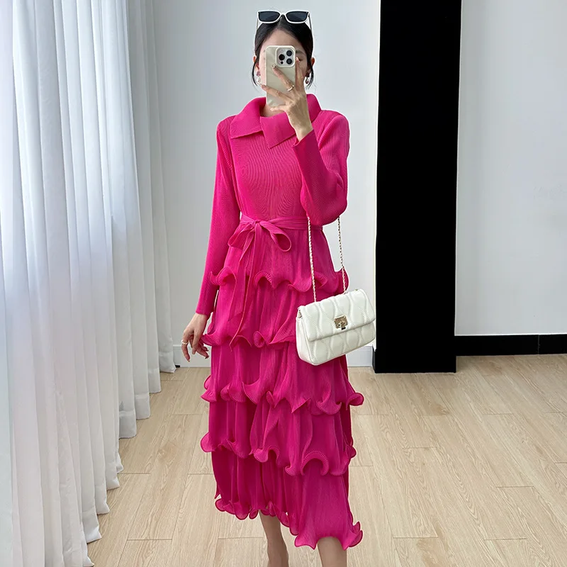 Miyake Dress Women\'s 202Autumn New High end Fashionable Age Reducing Cake Skirt Spliced Fold Collar Mid length Dresses Clothing
