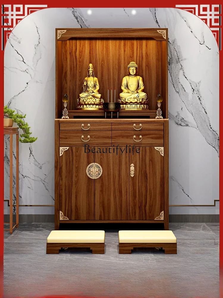 Solid Wood Buddha Niche Chinese Style Prayer Altar Table God of Wealth Avalokitesvara Worship Table Bodhisattva Display Cabinet