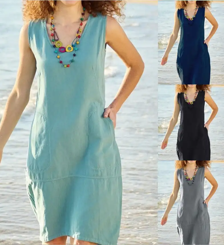 2024 Cross-border Summer New Women Dress Solid Color Cotton and Linen U-neck Sleeveless Skirt