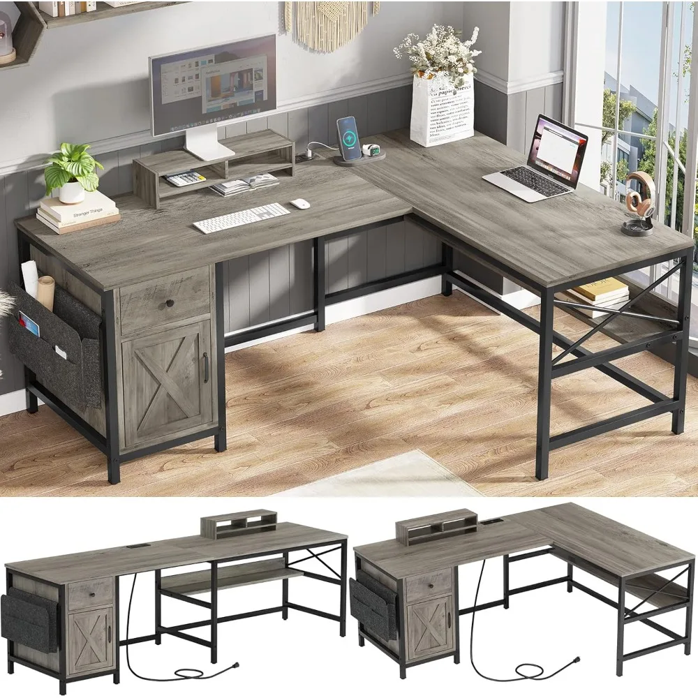 63" L Shaped Desk, Convertible 86.6" Home Office Desk or Corner Desk, Office Computer Desk with Drawer, Power Strip