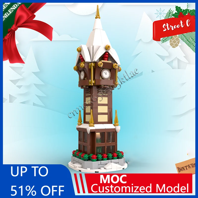 

345 детали MOC, серия знаменитых праздников, зимняя деревня, модель часов, строительные блоки, оригинальные кирпичи, детские рождественские игрушки, подарки