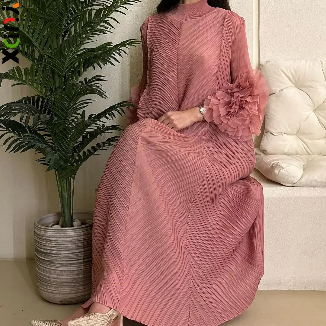 YUDX Pleated Maxi Long Dress Mesh Petal Sleeve Half Turtleneck Formal Dresses for Women 2024 New Hot Sales