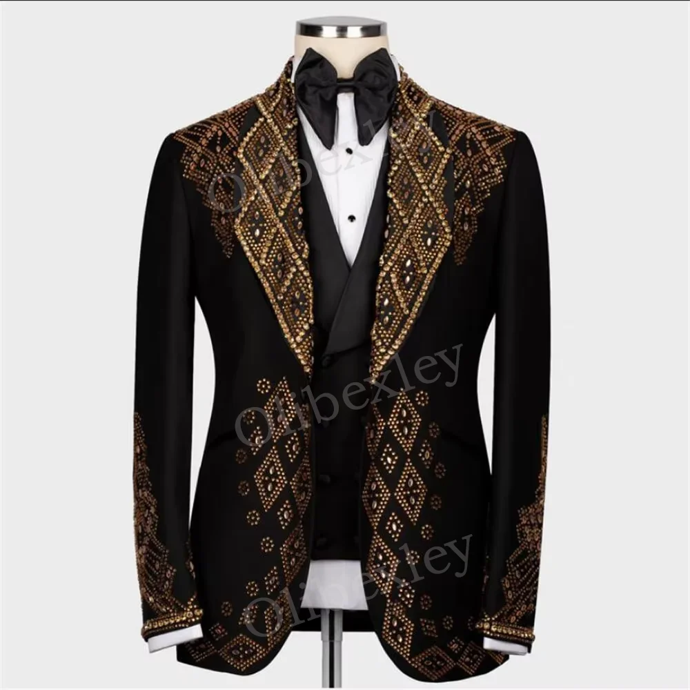 

Luxury Mens 2 Piece Set Suits Black Single Breasted Suit Men With Gold Buttons Slim Fit Tuxedo for Wedding Groom Business Prom