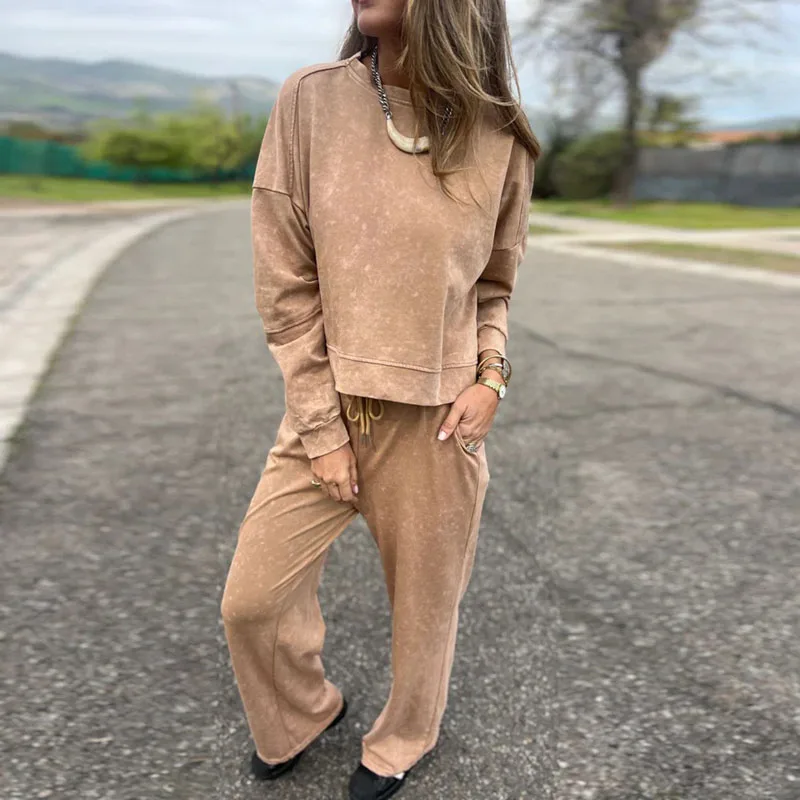 

Women's Sports Suit Autumn Long Sleeve Hoodies Sweatshirt & Lace-up Pant Sets Casual Round Neck Solid Streetwear Outfit Harajuku