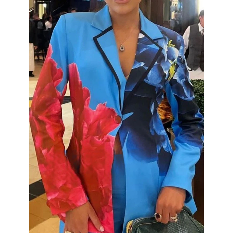 Jennifer Floral Printed Long Sleeves Blazer Jackets 2024 New Loose Asymmetric Blue Split-Joint Lapel Blazer Suits Outerwear