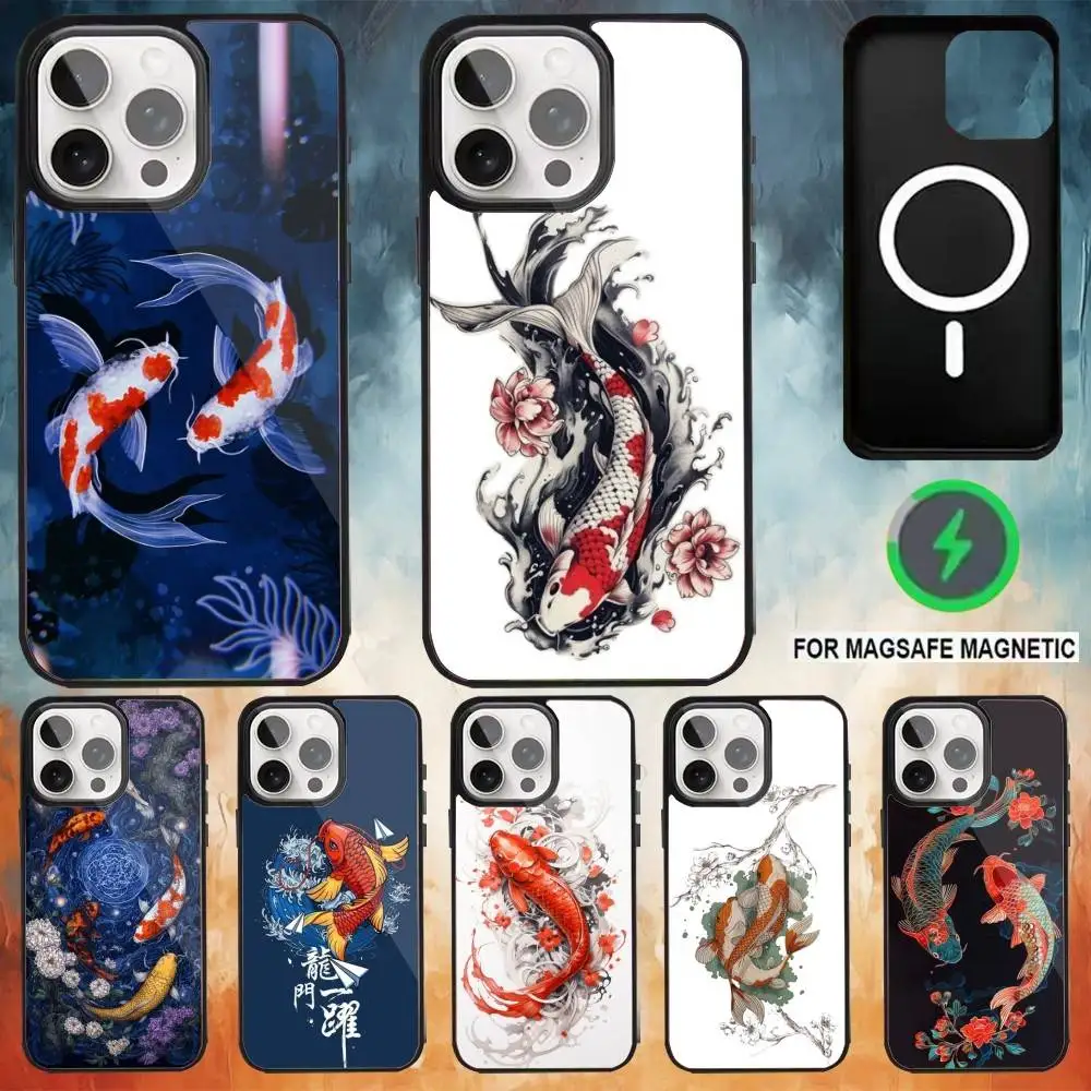 

Art Fish Koi Carp Phone Case For iPhone 17 16 15 14 13 12 Pro Max Plus for Magsafe Mirror Wireless Magnetic Cover