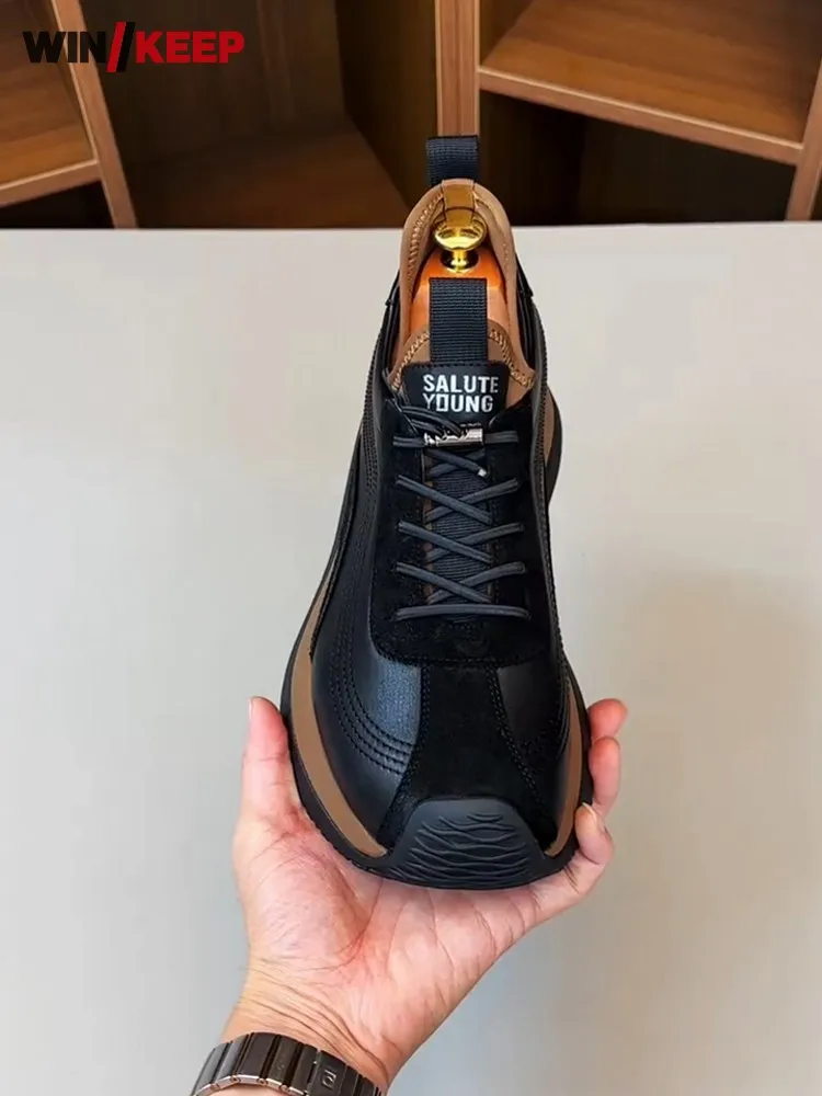 Outdoor Male Breathable Lace Up Patchwork Cowhide Genuine Leather Running Shoes Antiskid Sports Jogging Men Trainers Footwear