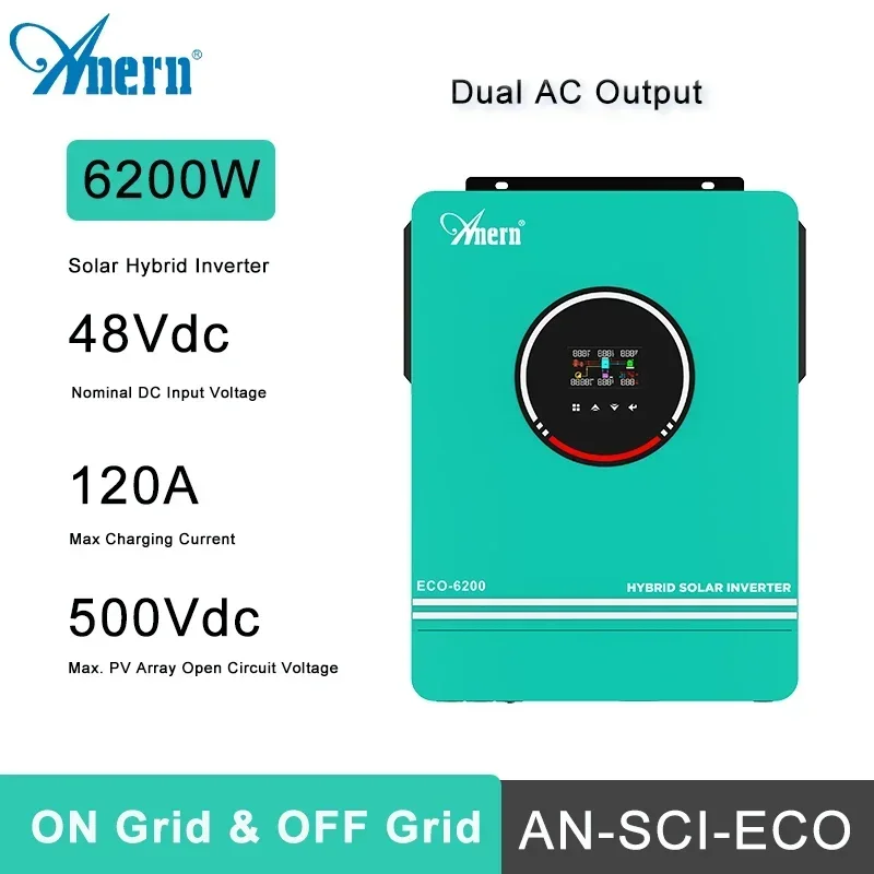 Anern 6,2 kW 4,2 kW 3 kW 1,6 kW Hybrid-Wechselrichter netzunabhängiger Dual-AC-Ausgang MPPT 120 A auf Netz-Solarwechselrichter 48 V 24 V 12 V 230 V