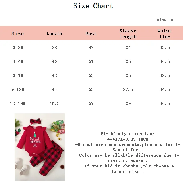 Baby Girl Christmas 3Pcs Outfit Sweet Cute Ruffle Bodysuit Plaid Pants Bow Headband for 0-18 Months Infant Xmas Clothing Set 6