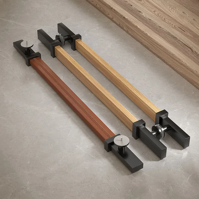 Glass door handle Solid wood bag Leather craftsmanship Stainless steel door handle Log color Box sliding door handle
