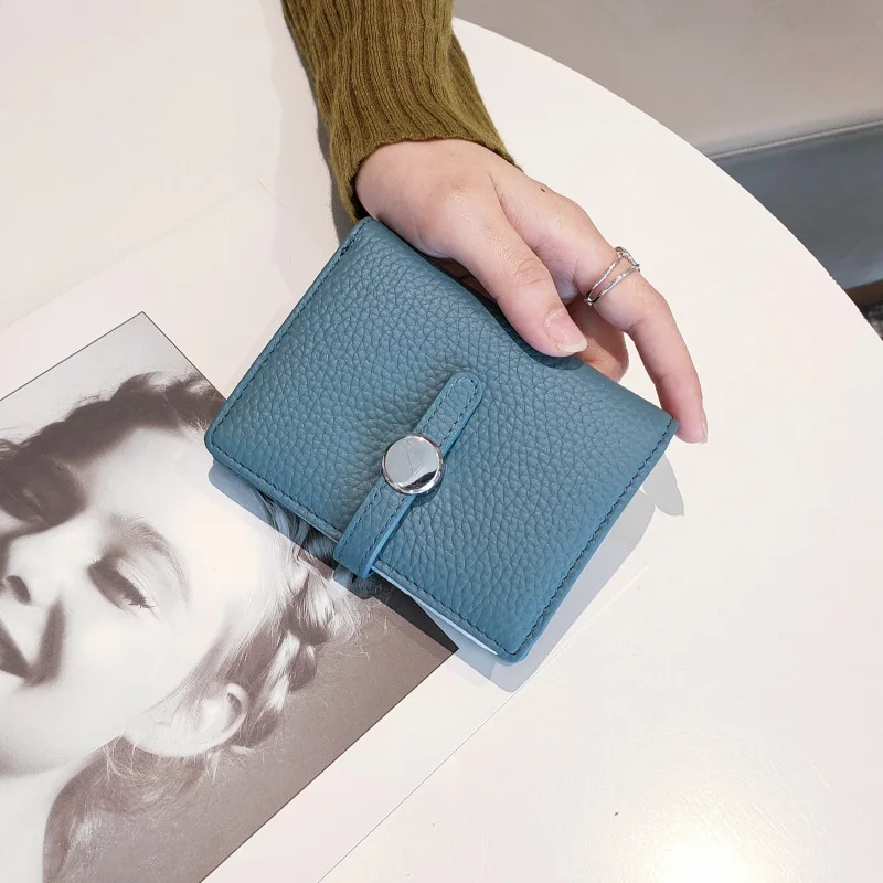 Luxury Brand Designer Short Wallet Womens Round Button Genuine Cow Leather Fashion Wallet Card Holder Coin Pocket Purse Ladies
