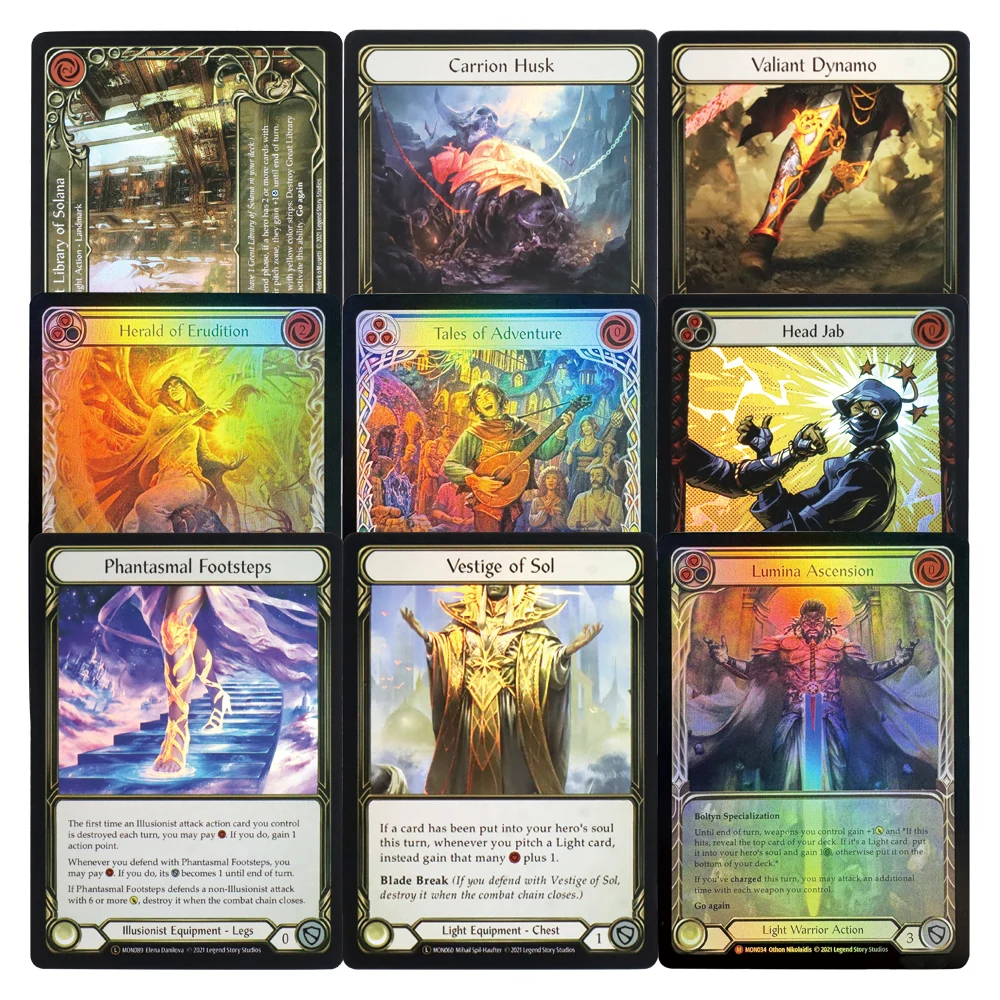 FAB 프록시 카드 레인보우 호일 에이전트 TCG 게임 카드 코드 MON+LGS+LSS 버전 시리즈 결정의 Vambrace Sol 카드의 유적