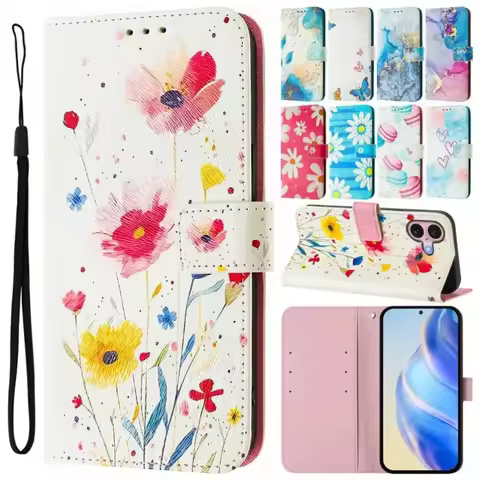 Lovely Daisy Marble Painted Case For Samsung Galaxy S25 Edge S24 S23 S21 S20 FE S22 Ultra Plus Wallet Card Slot Phone Cover #ENB
