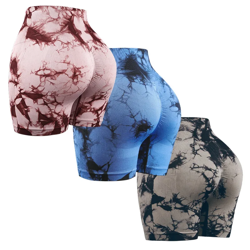 CHRLEISURE Women's 3-Piece Tie-Dye Yoga Shorts Sexy Hip Lift Fitness Tights Running Exercise Shorts Activewear