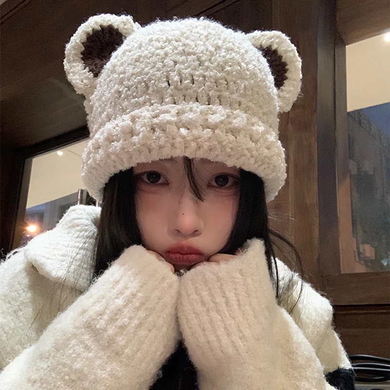 Cute Bear Ears Handmade Knitted Hat Women's Winter Warm Ear Protection Hat