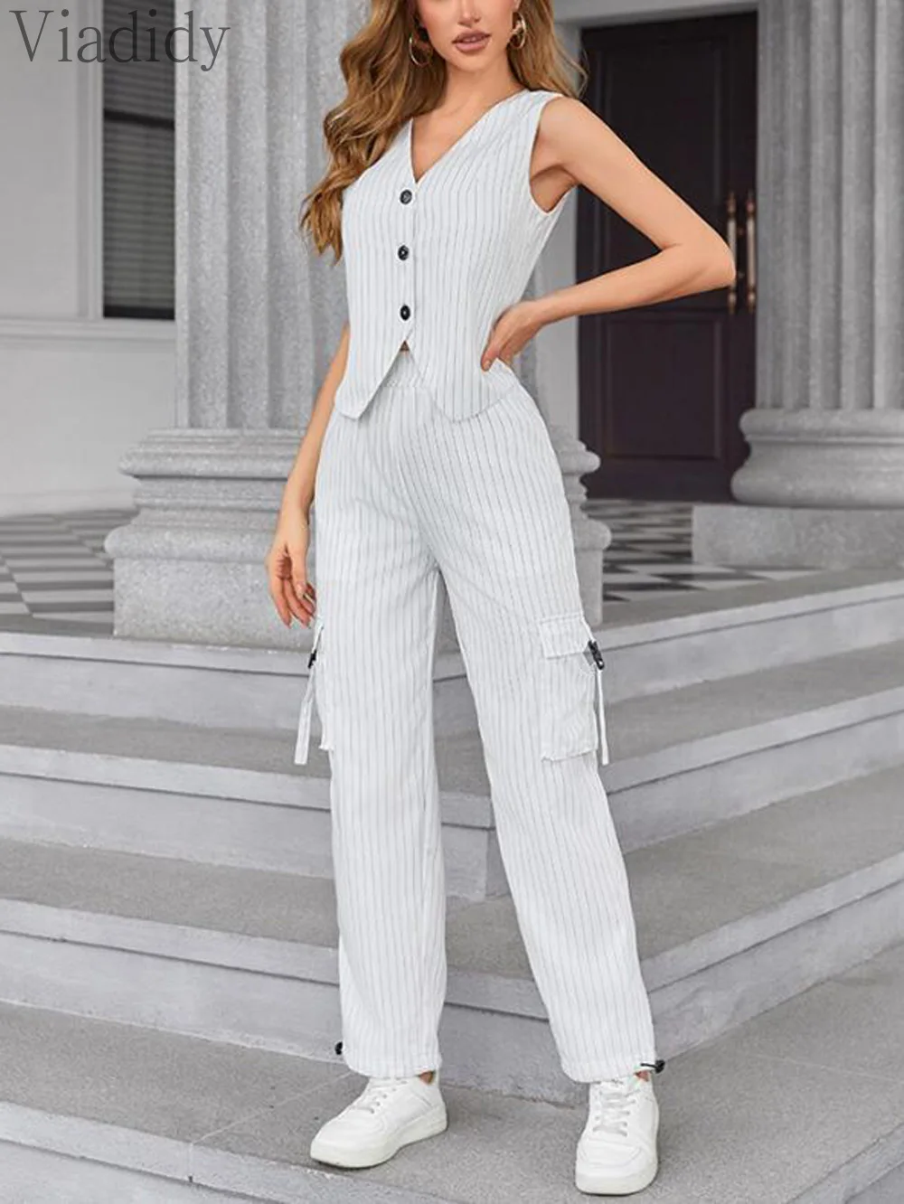 Women Casual Striped Asymmetrical Button Front Sleeveless Vest Top and Pockets Design Cuffed Pants 2pcs Set