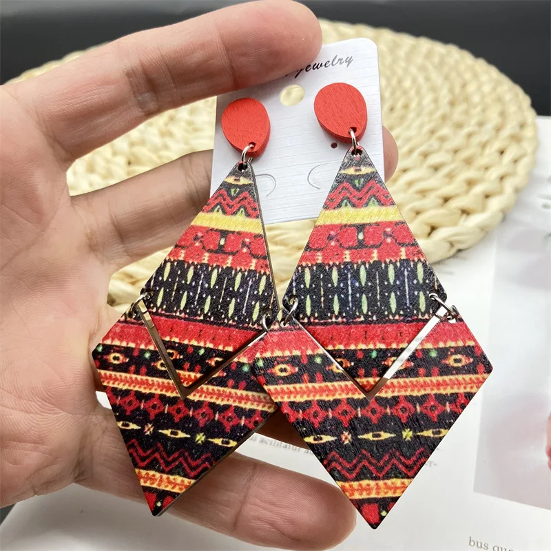 Mode Vintage bemalt große Holz Ohrringe ethnische übertriebene Muster geometrische Aussage Tropfen Ohrringe Urlaub Party Schmuck – Detail 10