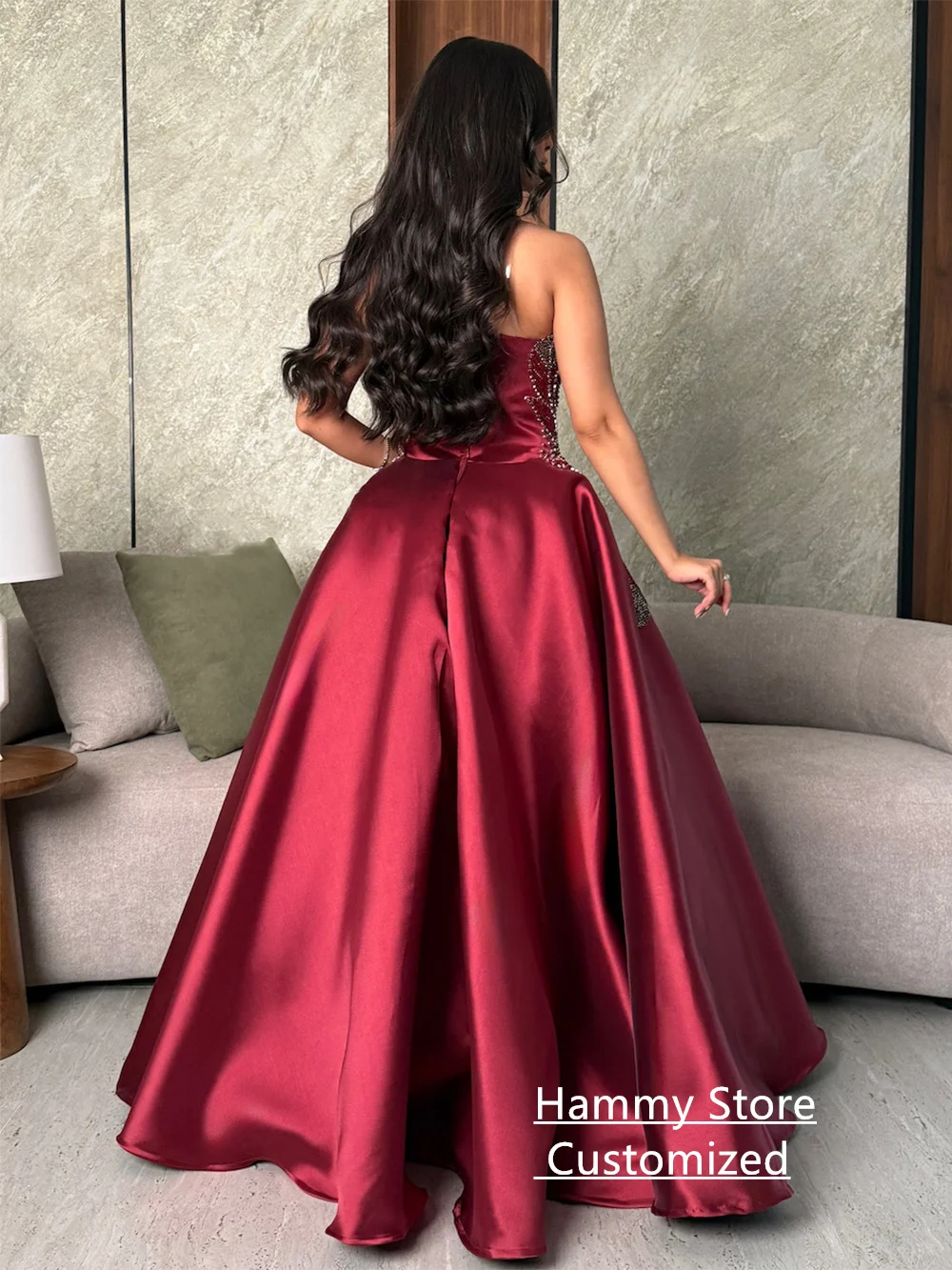 Burgundy Evening Dress Heavy Beading Customized Strapless Sleeveless Crystal A Line Satin Prom Gown Arabian Party Dresses