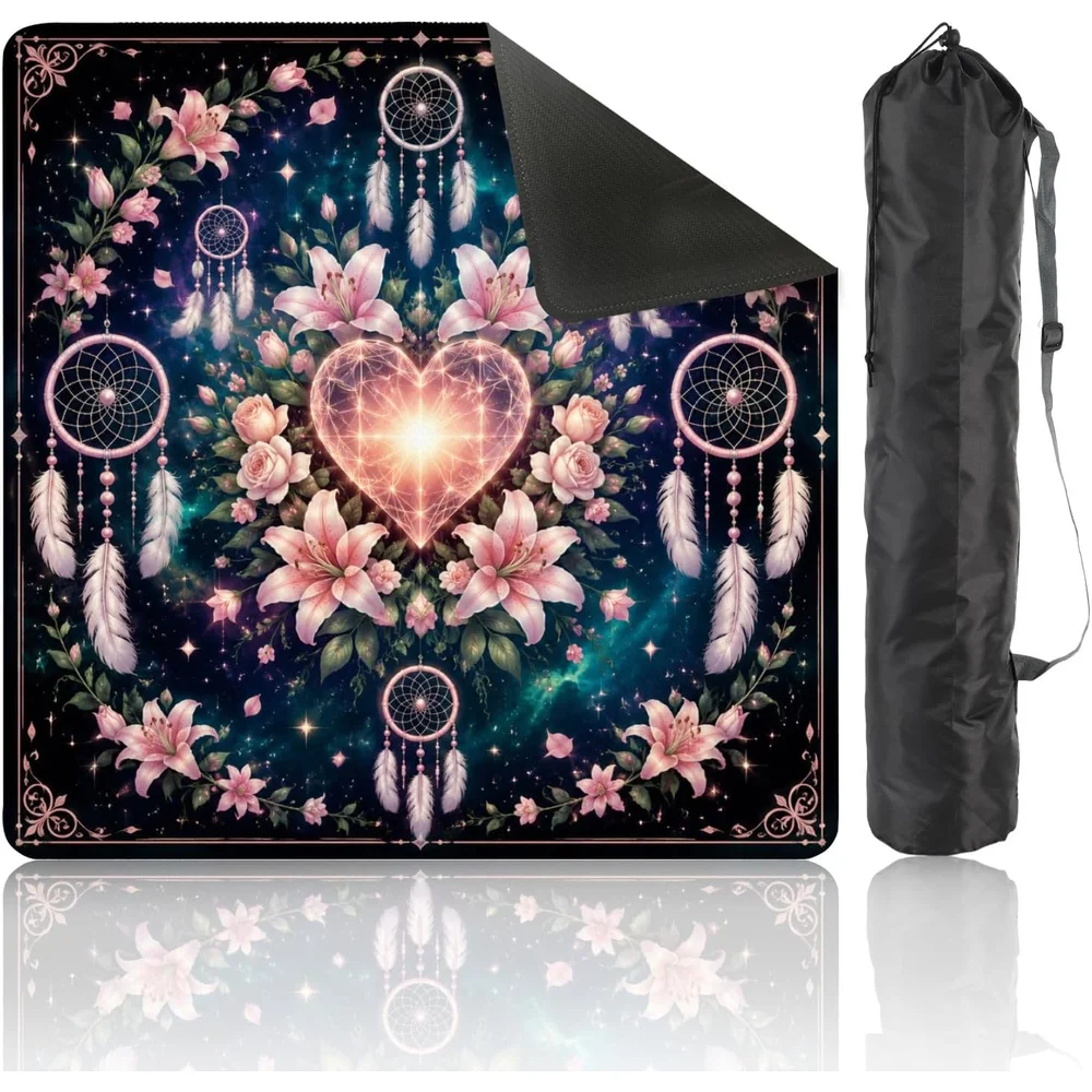 3mm 31.5 Inch Luxury Neoprene Mahjong Mat Floral Heart Dreamcatchers Pink Galaxy Non Slip Noise Reduction for Mahjong Games