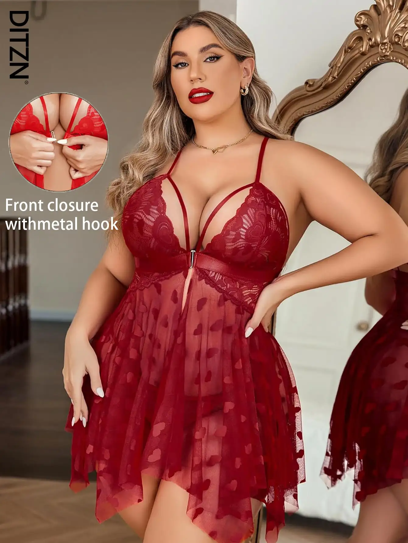 

Красная кружевная прозрачная ночная сорочка больших размеров с принтом в виде сердечек и застежкой на крючки спереди