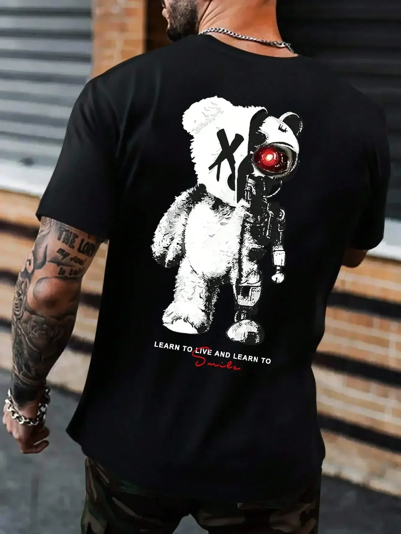 Men's Cotton T-shirt Unique Teddy Bear & Robot Bear Half-Body Design Breathable Loose Fit Fashionable Top