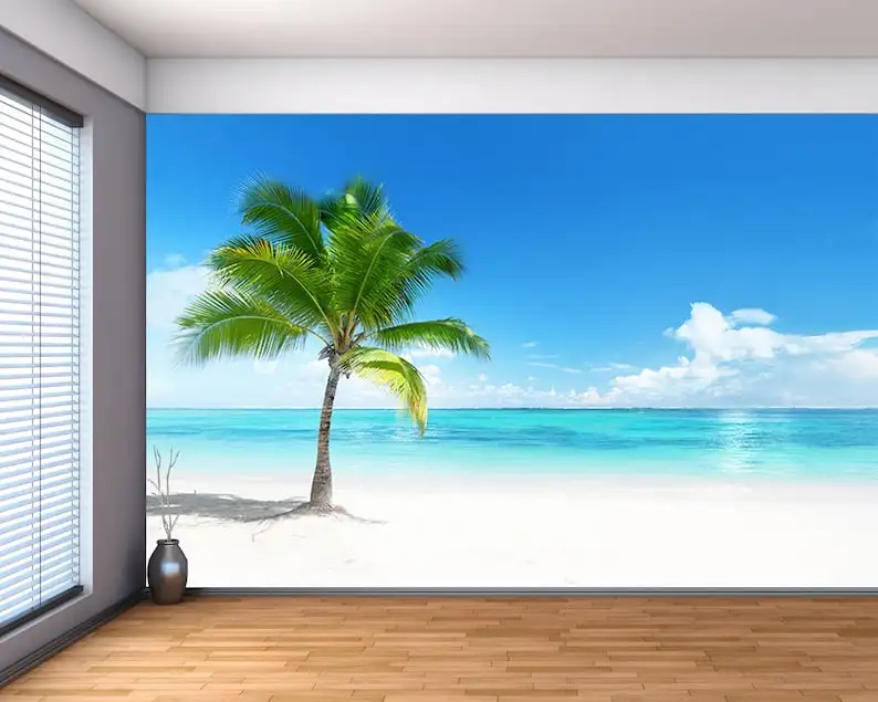 Ocean Palm Tropical Beach - Large Wall Mural, Self-adhesive Vinyl Wallpaper, Peel & Stick fabric wall decal