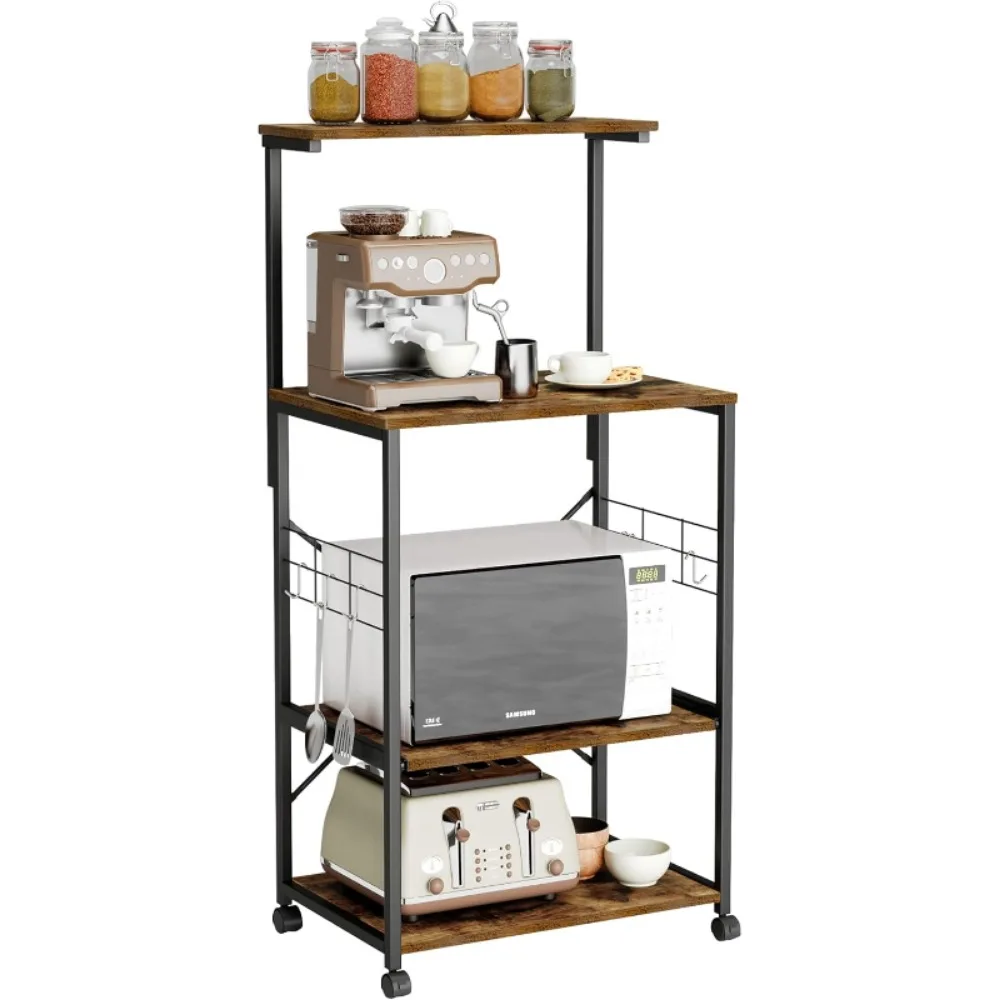 

Kitchen Bakers Rack Microwave Stand Kitchen Cart on Wheels Utility Storage Shelf with 10 Side Hooks Kitchen Organizer Shelves