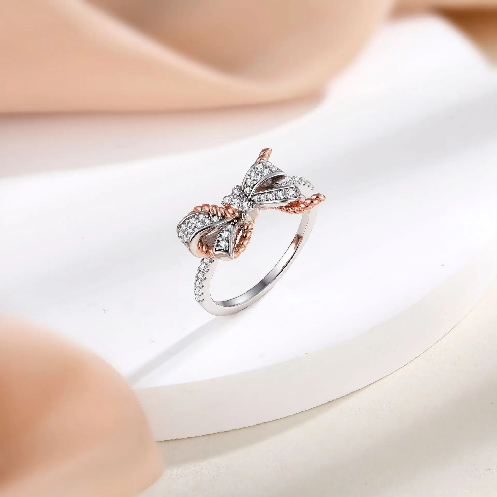 New Fried Dough Twists Bow Ring Women's Design Zircon Row  Europe and America S925 Silver Wedding 