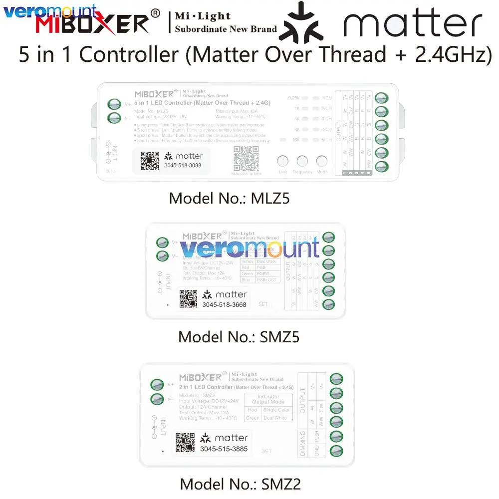 

MiBoxer SMZ5 MLZ5 5 in 1 SMZ2 LED Controller Tuya Voice APP (Matter Over Thread+2.4G) for DIM/RGB/RGBW/RGBWW/RGBCW/RGBCCT Strip