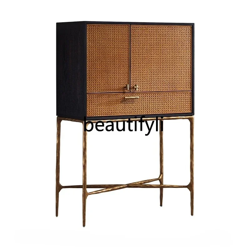 

Nordic modern designer furniture hand-forged wrought iron wine cabinet light luxury medium antique storage rattan high cabinet