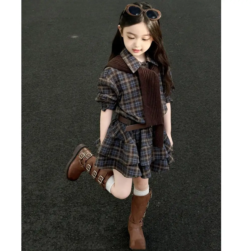 Girls' plaid dress 2026 spring/summer new children's college style JK Western style shawl dress