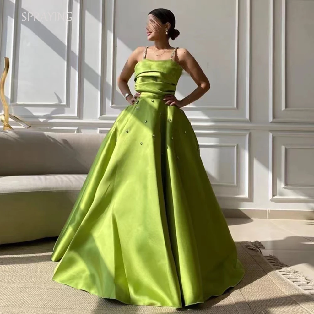 

SPRAYING Green A Line Prom Dress Elegant Pleated Evening Dresses Crystal Straps Pearls Formal Occasion Gown Vestidos Para Mujer