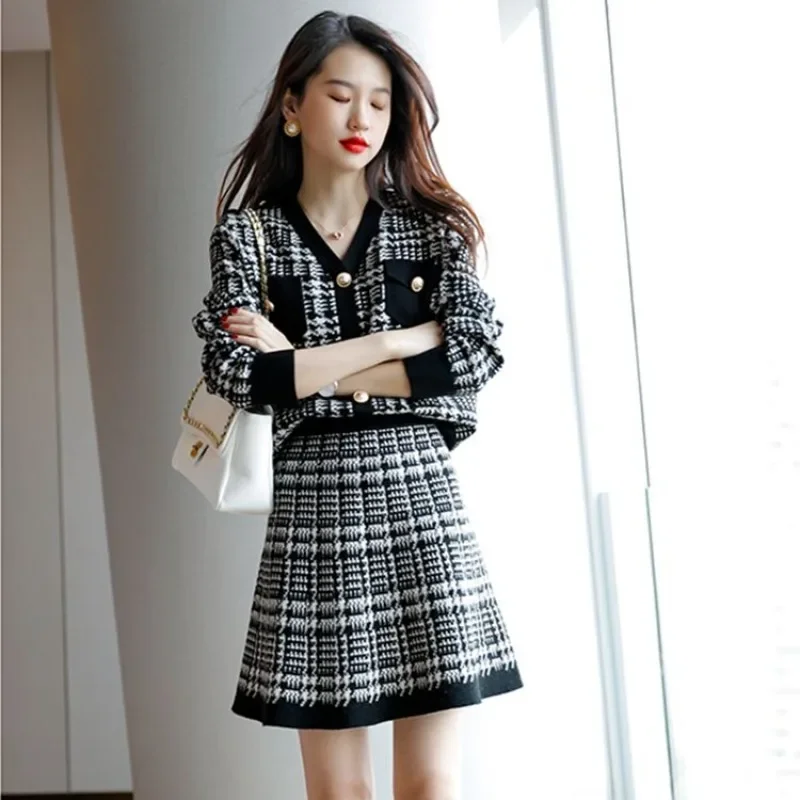 Long Sleeve Midi Knit Skirt Lightly Cooked Office Women\'s Two Piece Set Crochet Tweed New in Matching Sets Korea Female Outfits