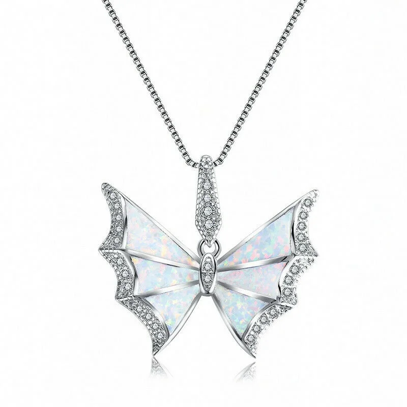 Ladies Blue Simulated Opal Silver Cute Butterfly Pendant Necklace Jewelry