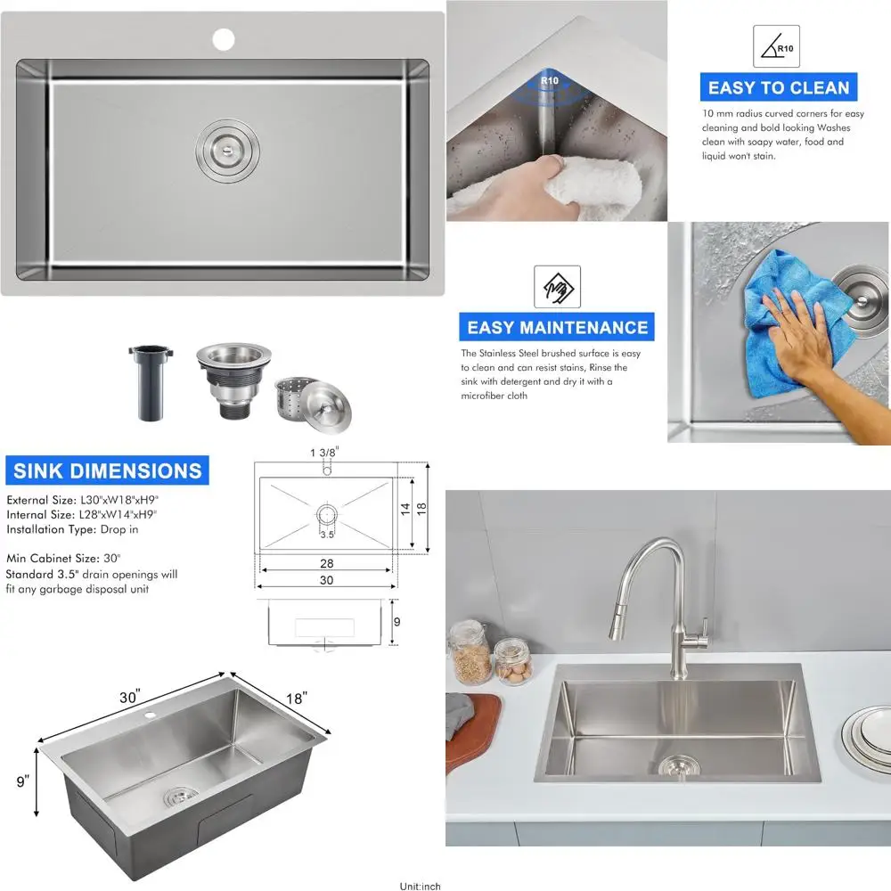 

30 Inch Stainless Steel Single Bowl Kitchen Sink, 304 Grade, Top Mount, 9 Inch Depth with One Faucet Hole