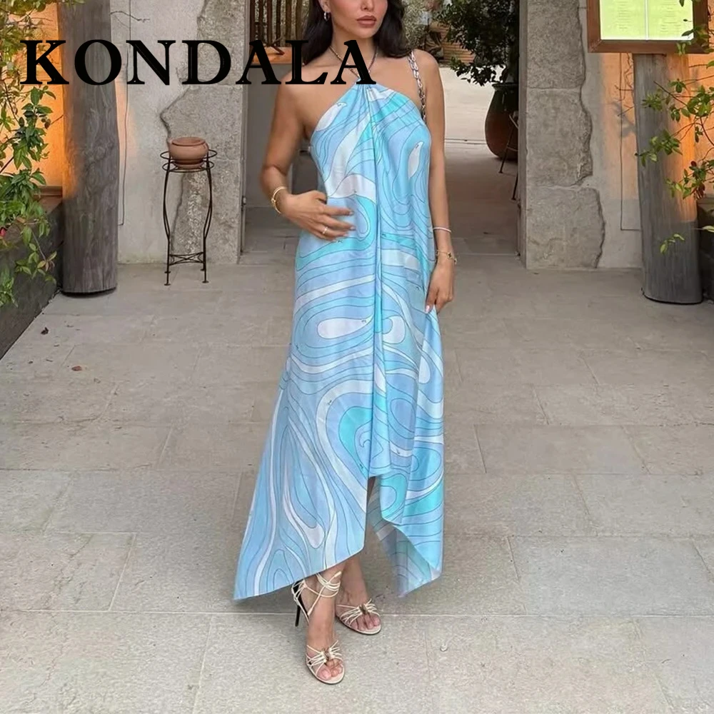 KONDALA Elegancka, seksowna sukienka letnia 2025 z nadrukiem, damska sukienka z dekoltem, modna sukienka Y2K, długa sukienka bez pleców, na imprezę, plażę, wakacje, codzienna sukienka typu vestidos
