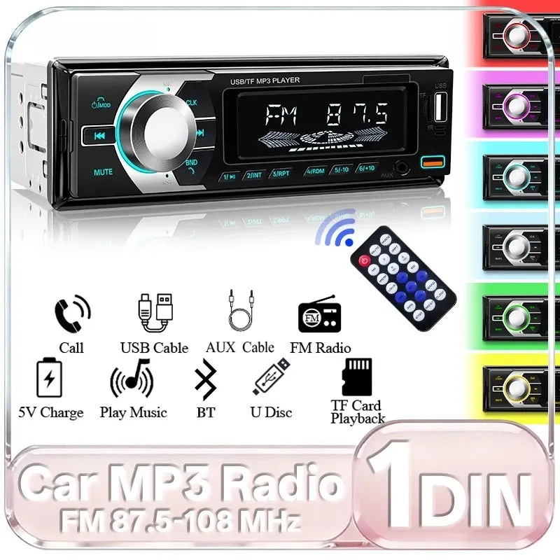 Car MP3 Player Digital Radio 1 Din Bluetooth TF AUX Dual USB Hand-free Car Stereo in Dash Kit Colorful Fast Charge