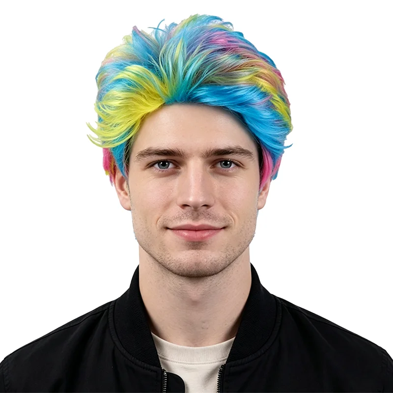 Rainbow Wig Men Short Fluffy Layered Gradient Colorful Synthetic Wig Heat Resistant For Halloween Cosplay Carnival Party Unisex