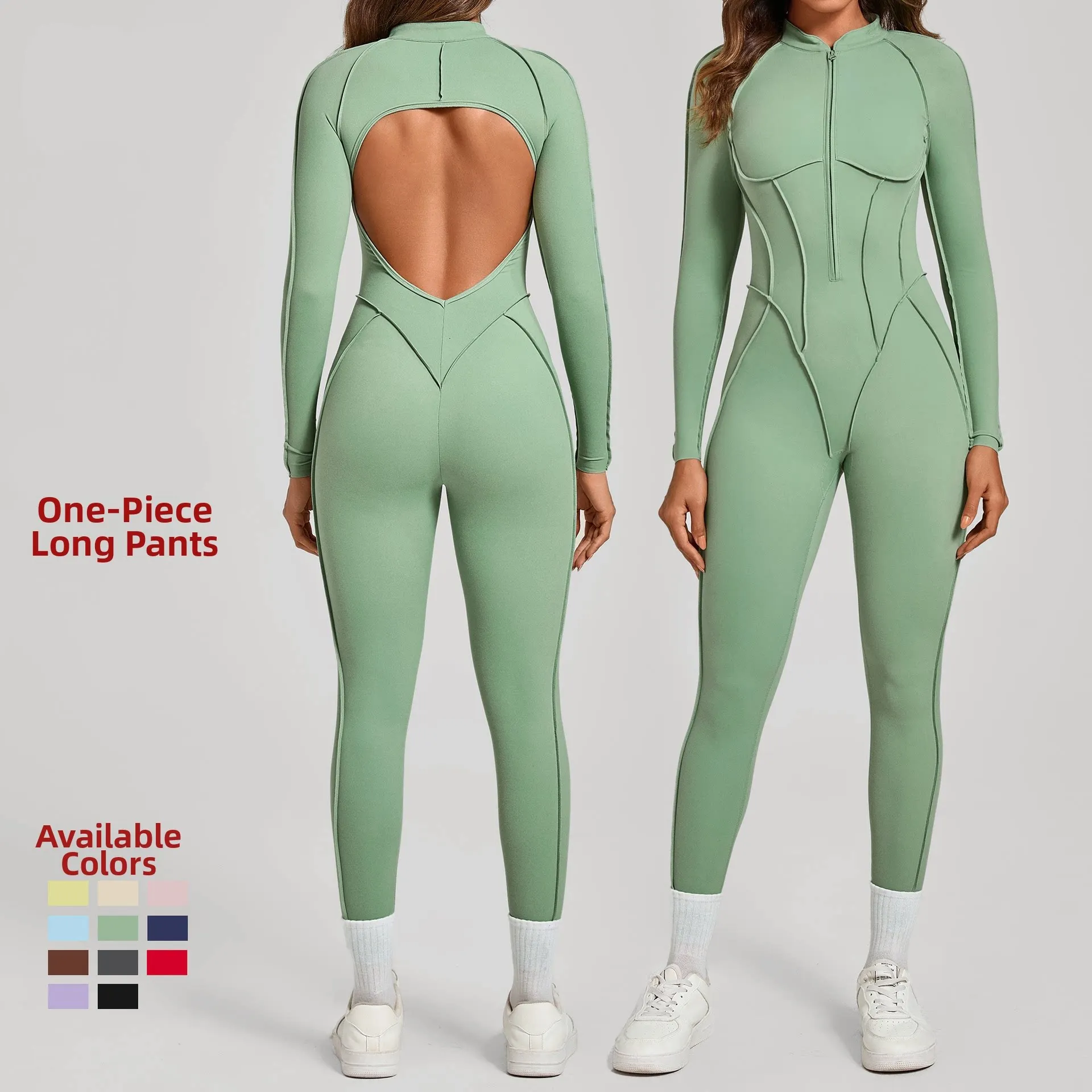 Women Spliced Half‑Zip Long Sleeve Yoga Jumpsuit Backless Tight One Piece Bodysuit For Fitness Gym Workout Sports