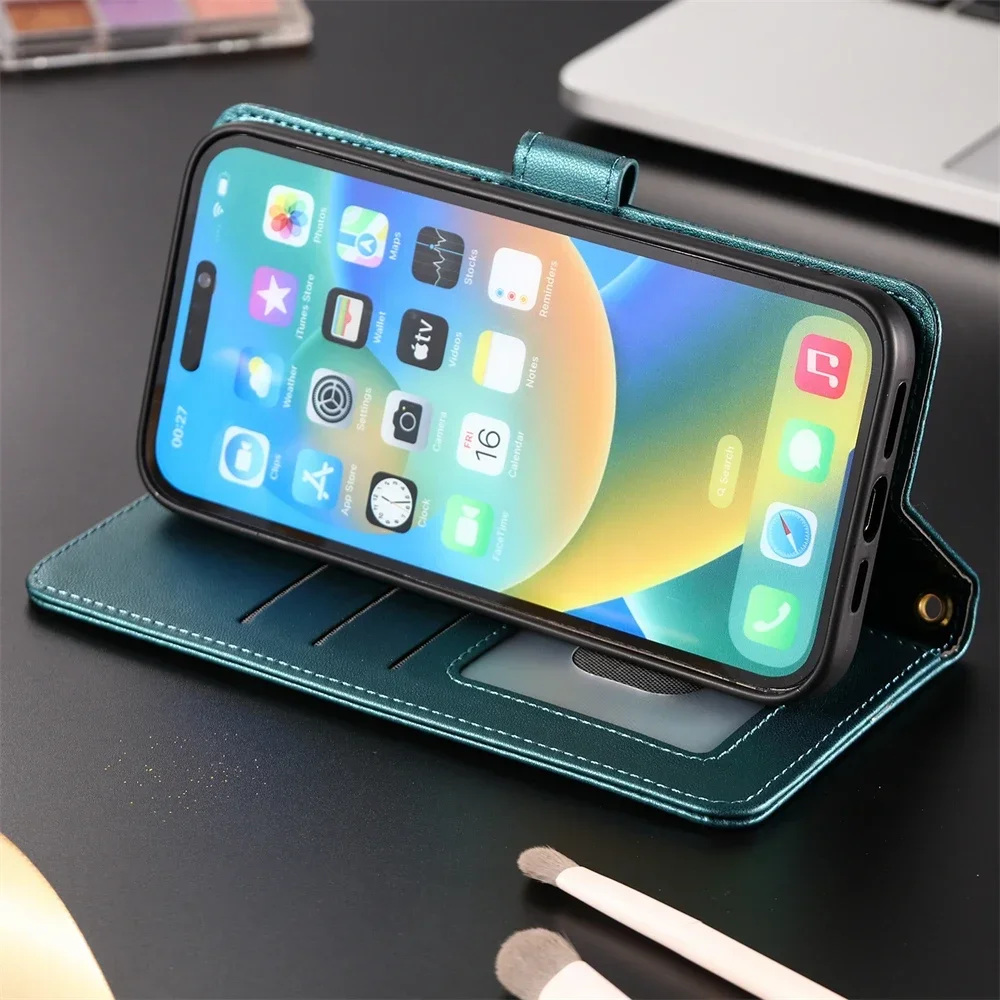 Custodia in pelle di lusso per iPhone 15 14 13 12 11 Pro Xs Max XR X 8 7 6s Plus SE 2020 2022 cordino Flip Wallet Book Case Cover Funda