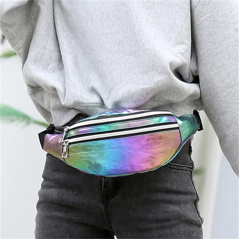 Fanny Packs Unisex Women Men Sliver Laser Waist Bags Geometric Chest Phone Pouch PU Beach Traverl Bum Zip Waistbags