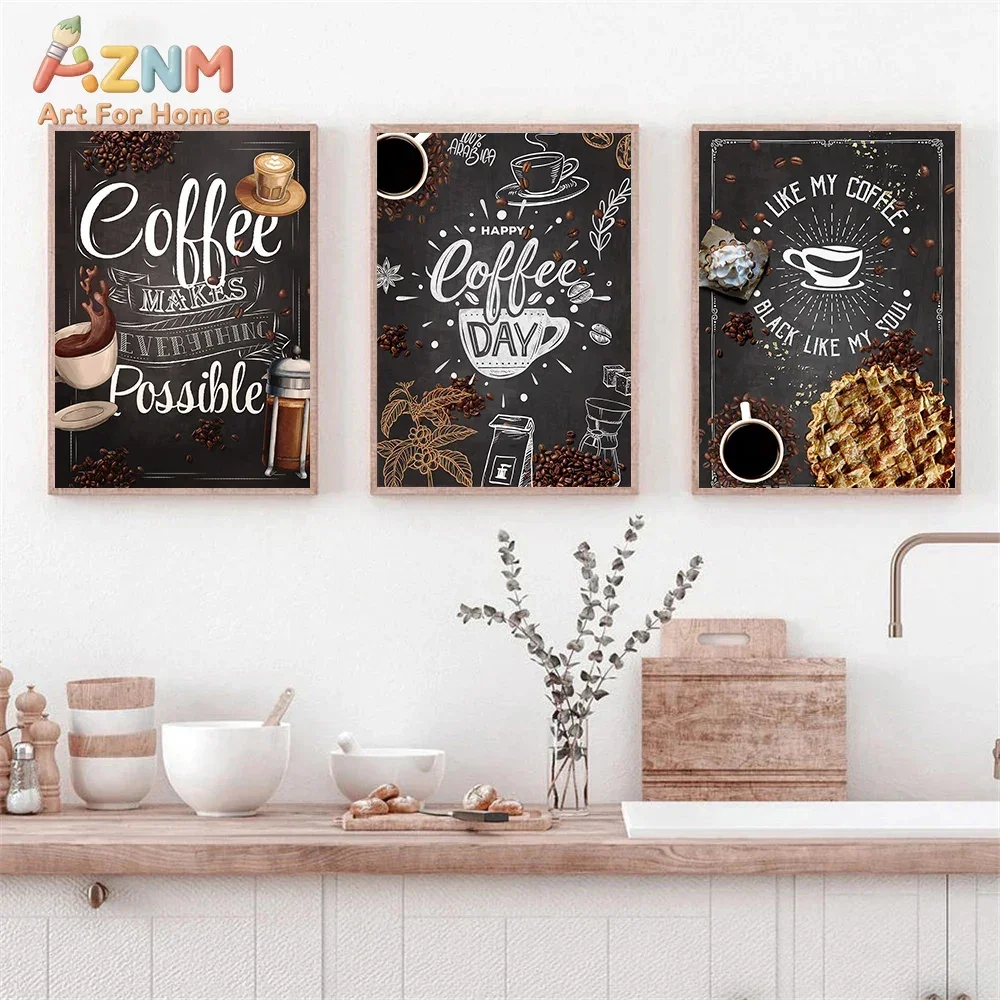 AZNM Coffee Bar Canvas Print, Blackboard Style Coffee Quote Unframed Canvas Painting, Cafe Kitchen Coffee Corner Wall Art Decor