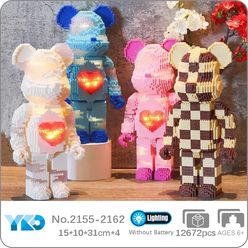 YKO Animal World Heart Plaid Bear Love Pet Doll LED Light Model DIY Mini Diamond Blocks Bricks Building Toy For Children No Box