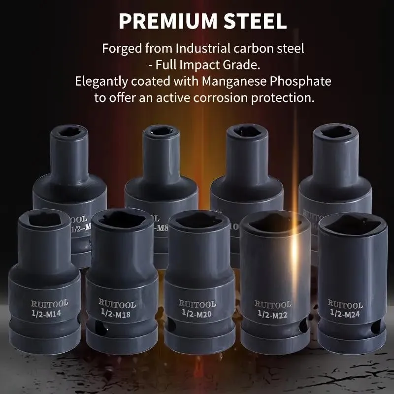 9pcs Tap Socket Set, Carbon Steel Machine Tap Holder, 1/2'' Square Drive, Quick Change Thread Tap Adapter, M6-M24, No Assembly