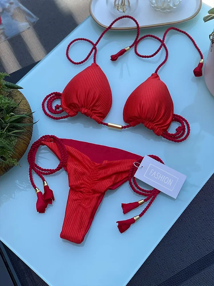 Bikini de tela especial para mujer, traje de baño de cuerda de Color sólido, Multicolor, nuevo