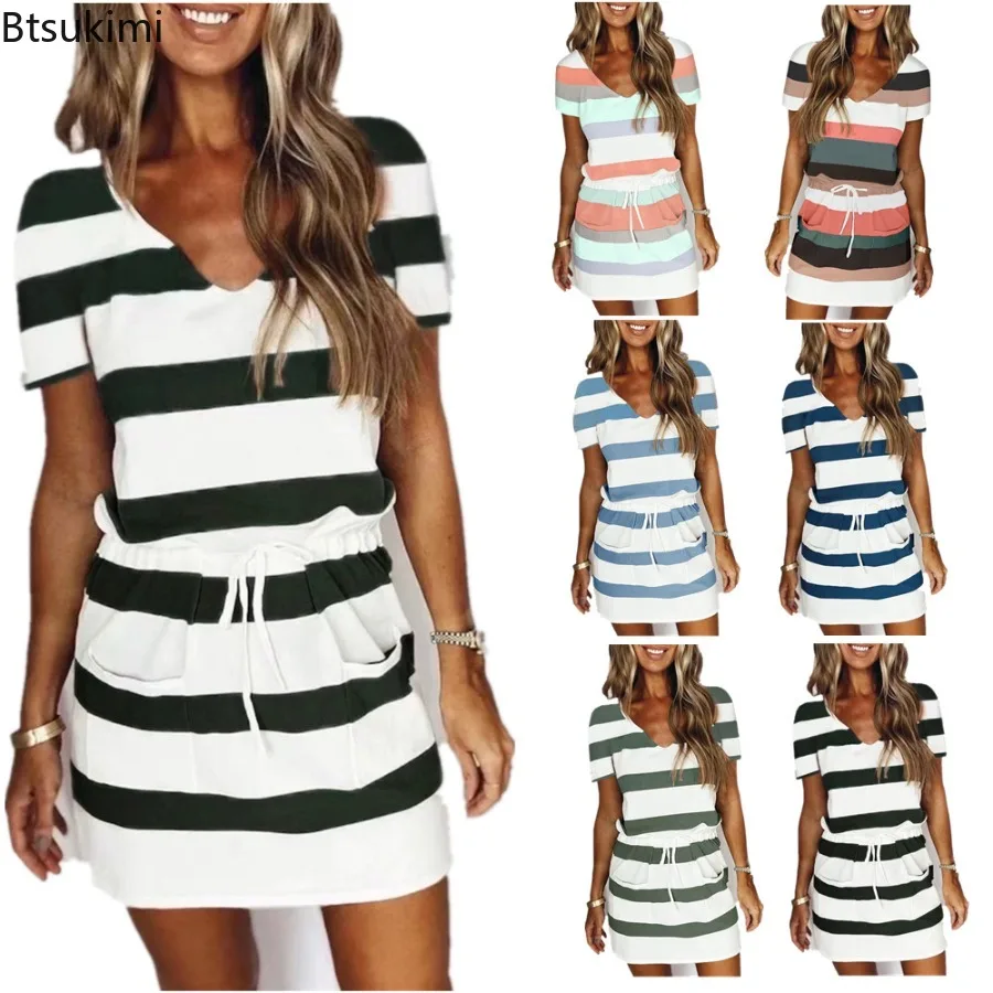 Summer New Women's Short Sleeve Drawstring Dress Fashion Striped Contrast Color Mini Dress Ladies Casual Beach Short Skirts Robe