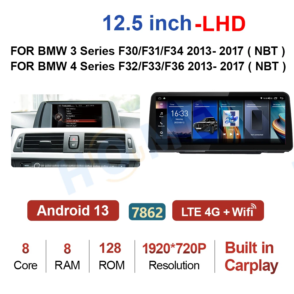 ZJZ 12.5インチ Android 13 8コア 128GB MTK7862 GPSナビゲーション ワイヤレス Apple CarPlay BMW 3/4シリーズ F30 F31 F32 F33 F34 ブルー-t対応