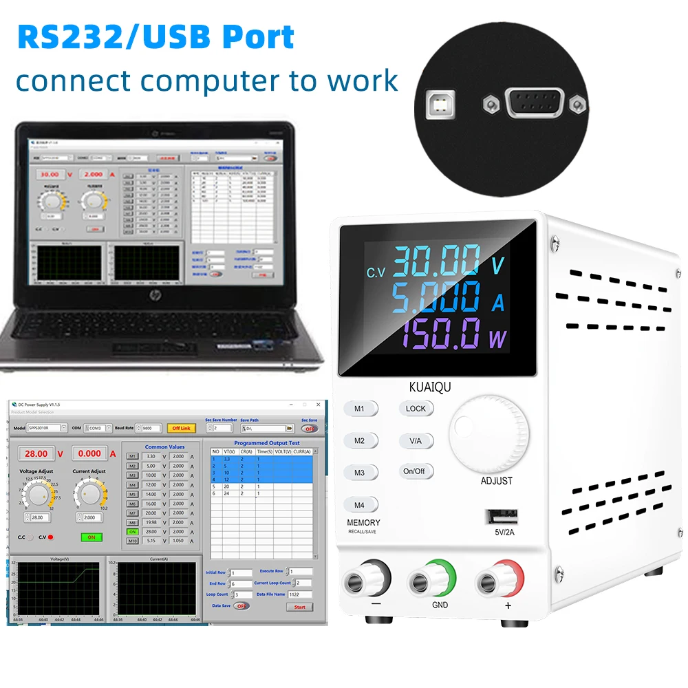 KUAIQU SPPS305D Adjustable Power Supply 30V 5A RS232 Programmable DC Power Supply 5V 2A USB Port Regulated Power Supplies